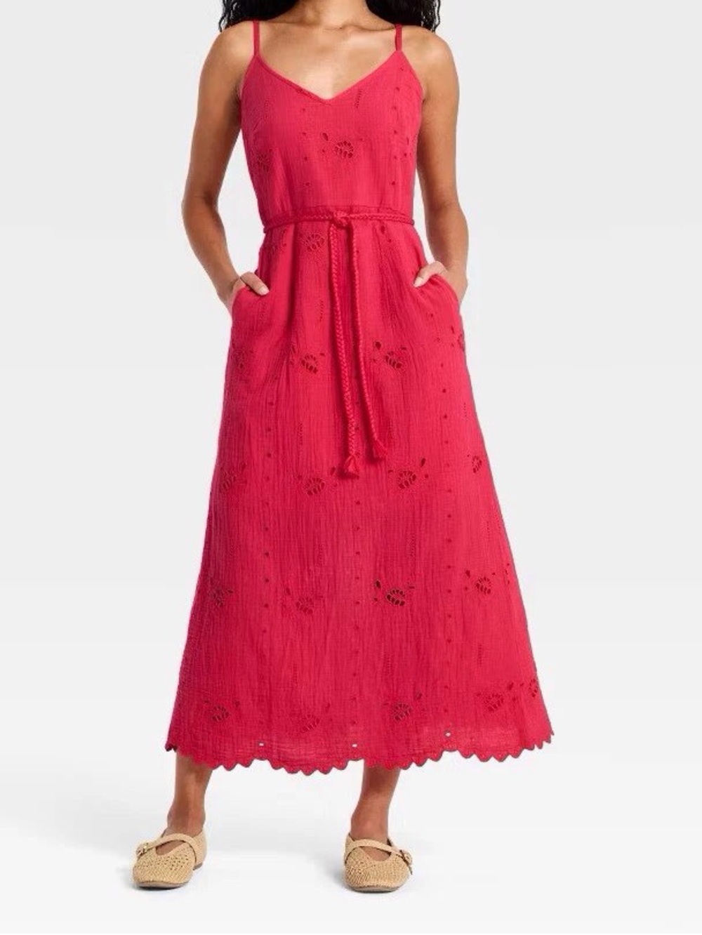 Spaghetti-Strap Pink Maxi Dress with Tie Waist